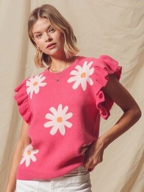 So Me Pink Daisy Sweater Top S NWT Flutter Sleeve Knit Floral Statement Boho